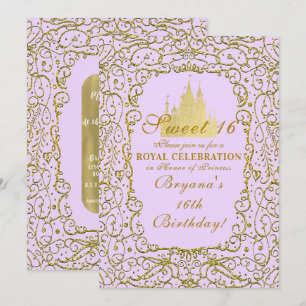 Lavender Purple & Gold Castle Princess Sweet 16 Invitation