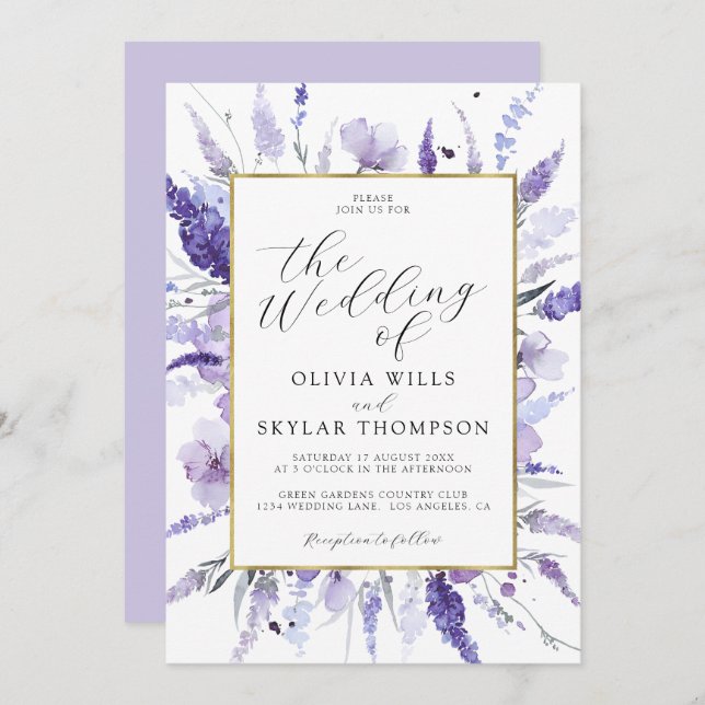 Lavender Purple Gold Floral Botanical Wedding  Invitation (Front/Back)