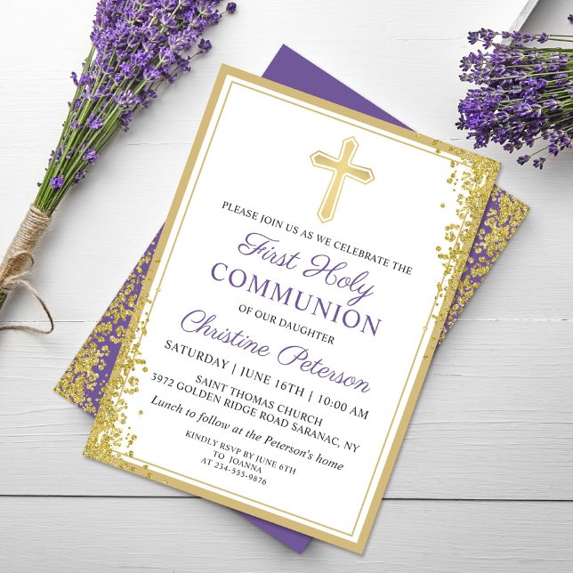 Lavender Purple Gold Glitter First Holy Communion Invitation (Creator Uploaded)
