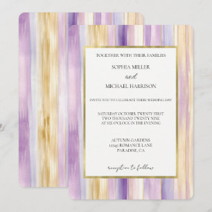Lavender Purple Gold Stripes Wedding Invitation