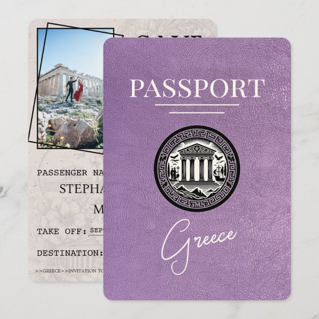 Lavender Purple Greece Passport Save the Date Card (Front/Back)