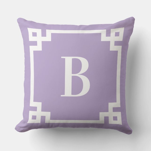 Lavender Purple Greek Key Border Monogram Outdoor Pillow (Front)