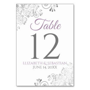 Lavender Purple & Grey Elegant Filigree Wedding Table Number