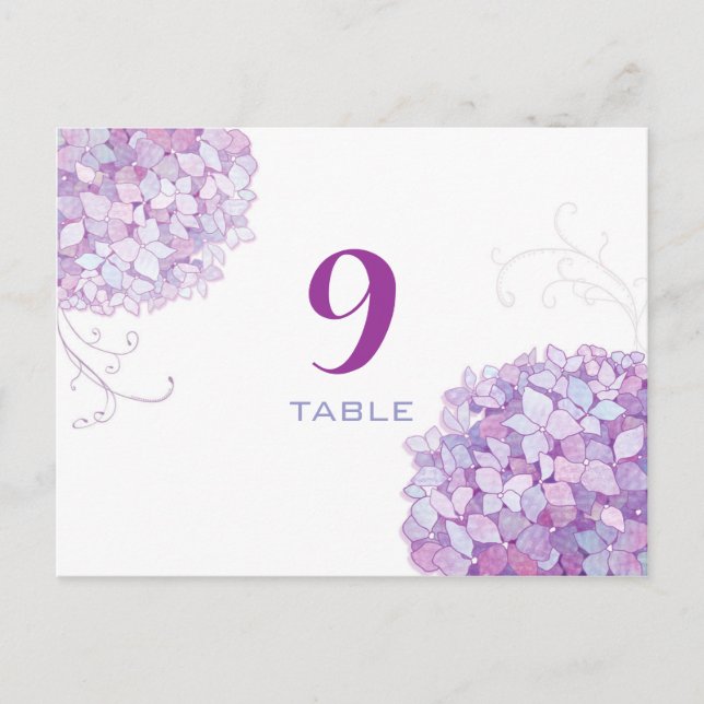 Lavender Purple Hydrangea Wedding Table Numbers Postcard (Front)