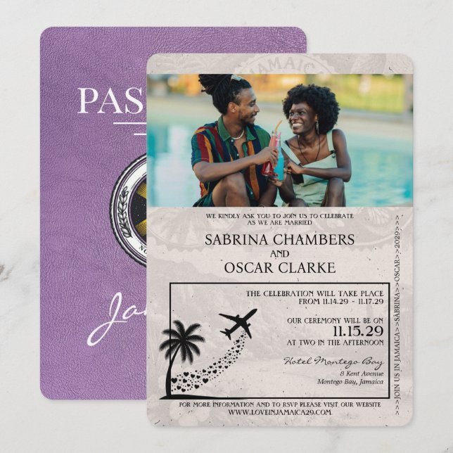 Lavender Purple Jamaica Passport Wedding Invitation (Front/Back)