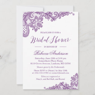 Lavender Purple Lace Elegant Floral Bridal Shower Invitation
