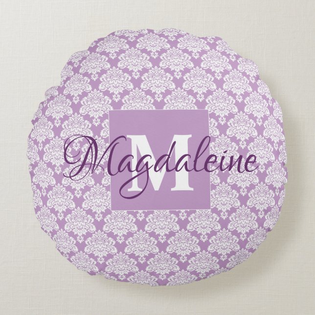 Lavender Purple Lacy Damask Chic Monogram & Name Round Pillow (Front)