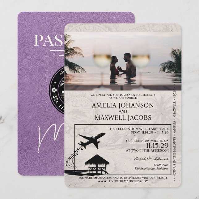 Lavender Purple Maldives Passport Wedding Invitation (Front/Back)