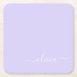 Lavender Purple Modern Script Girly Monogram Name Square Paper Coaster<br><div class="desc">Lavender Purple Simple Script Monogram Name Paper Coasters. This makes the perfect graduation,  birthday,  wedding,  bridal shower,  anniversary,  baby shower or bachelorette party gift for someone that loves glam luxury and chic styles.</div>