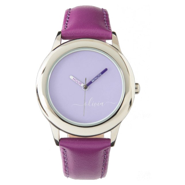 Lavender Purple Modern Script Girly Monogram Name Watch (Front)