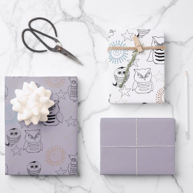 Lavender Purple Night Owls Wrapping Paper Sheet (Front)