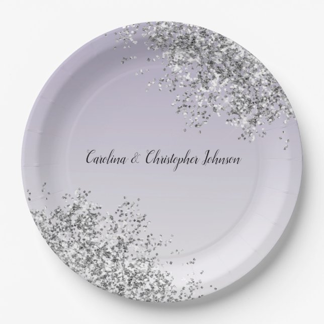 Lavender Purple Ombre Silver Glitter Sparkle Paper Plate (Front)