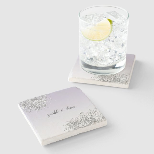 Lavender Purple Ombre Silver Glitter Sparkle Stone Coaster (Side)