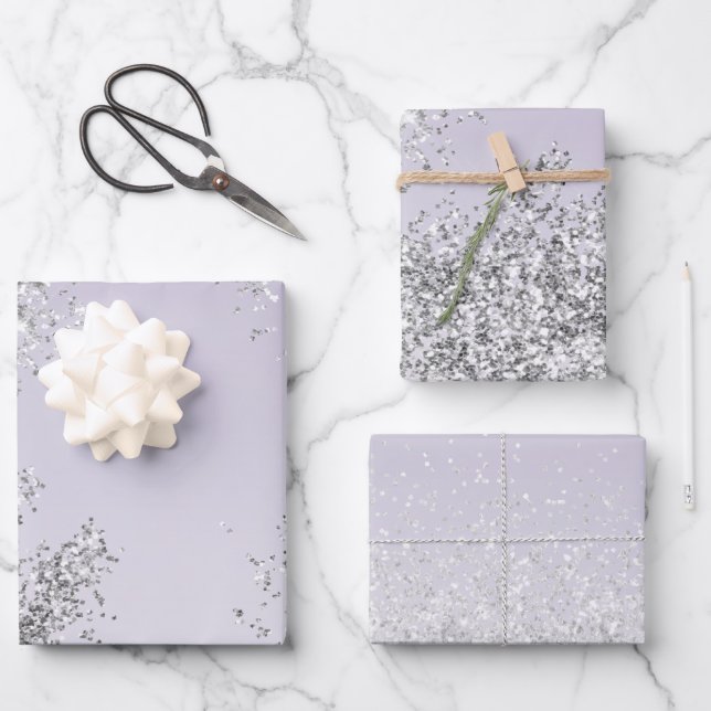 Lavender Purple Ombre Silver Glitter Sparkle Wrapping Paper Sheet (Front)