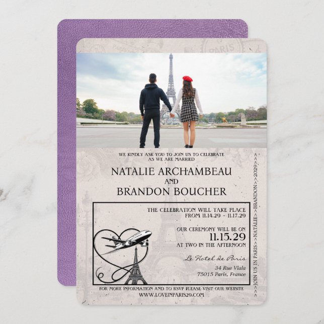 Lavender Purple Paris Passport Wedding Invitation (Front/Back)