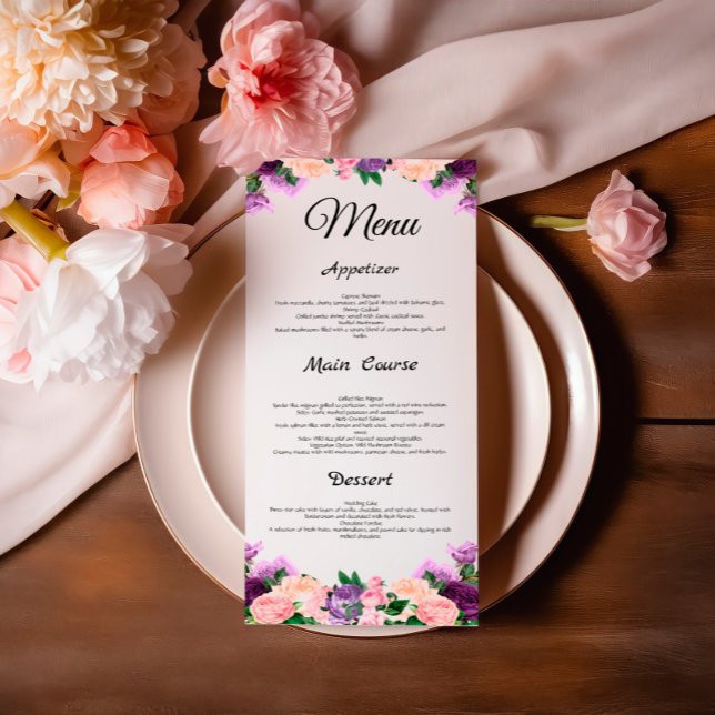 Lavender Purple Peach Pink Floral Wedding Menu (Creator Uploaded)