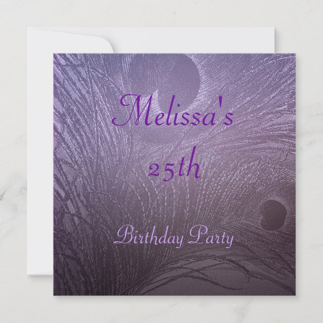 Lavender Purple Peacock Feather Birthday Party Invitation (Front)
