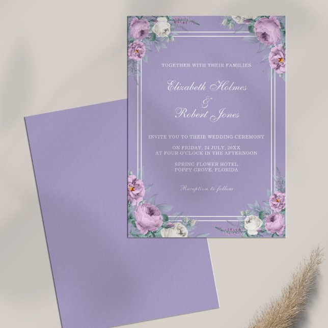 Lavender Purple Peonies Wedding Invitation (Lavender Purple Peonies Wedding Invitation on white table.)