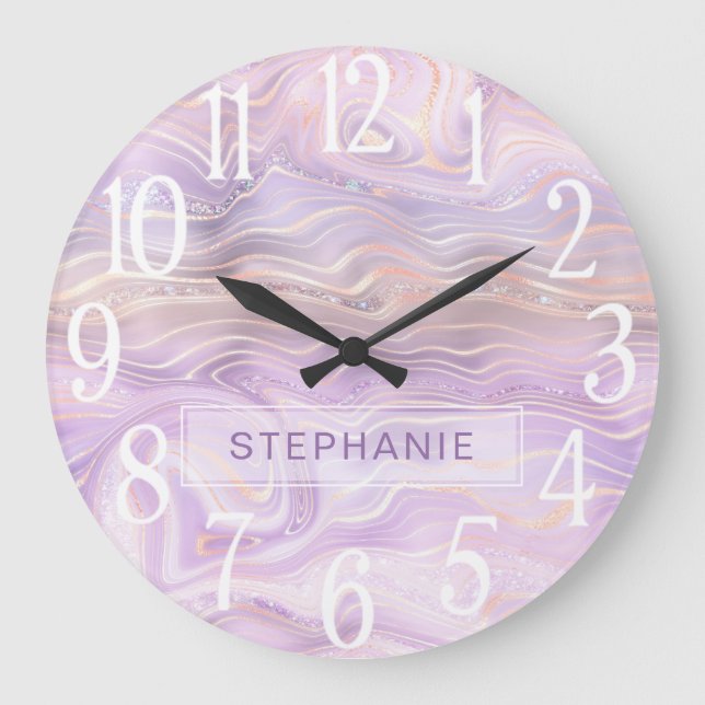 Lavender Purple Personalized Marble Strata  Large Clock (Front)
