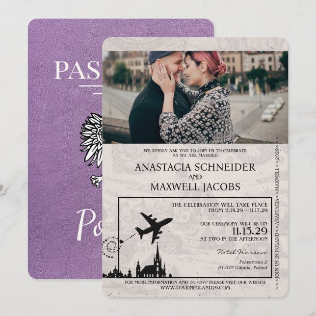 Lavender Purple Poland Passport Wedding Invitation (Front/Back)