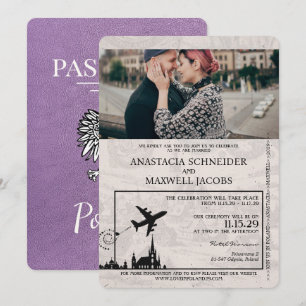 Lavender Purple Poland Passport Wedding Invitation