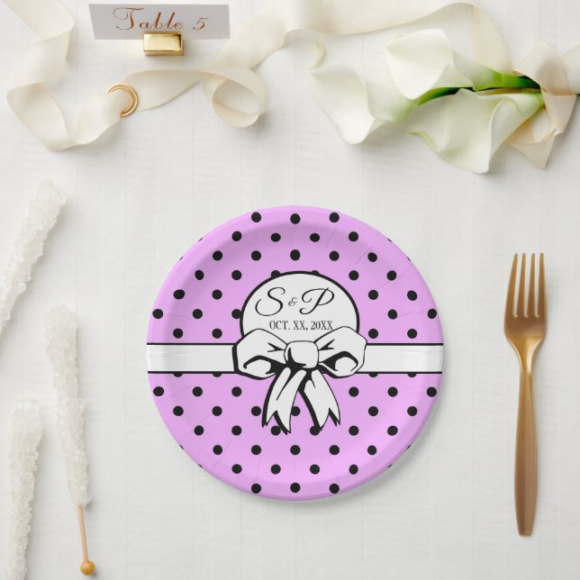 Lavender Purple Polka Dots and Bows Personalized Paper Plate (Wedding)