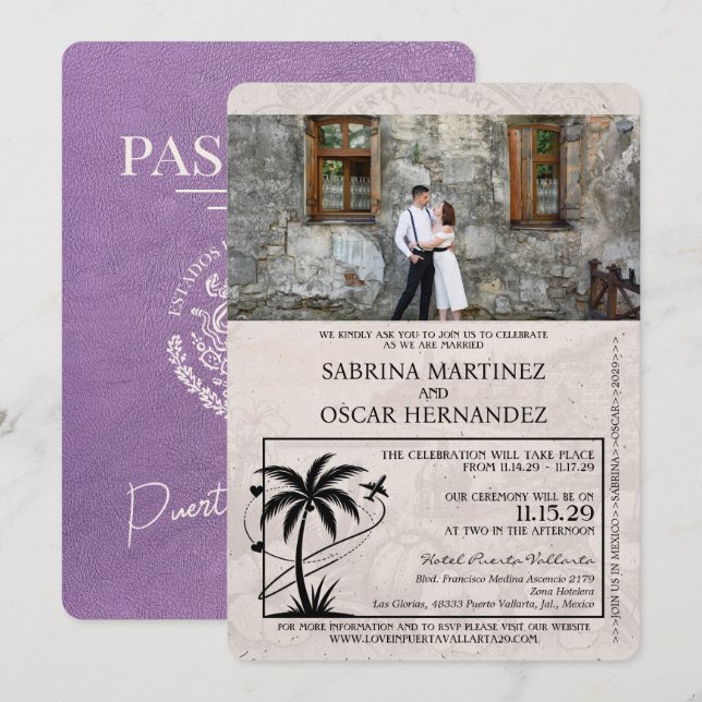 Lavender Purple Puerta Vallarta Passport Wedding Invitation (Front/Back)
