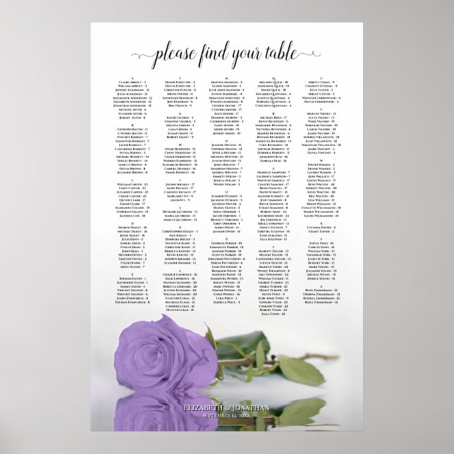 Lavender Purple Rose Alphabetical Seating Chart (Front)
