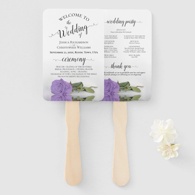 Lavender Purple Rose Elegant Wedding Program Hand Fan (Front and Back)