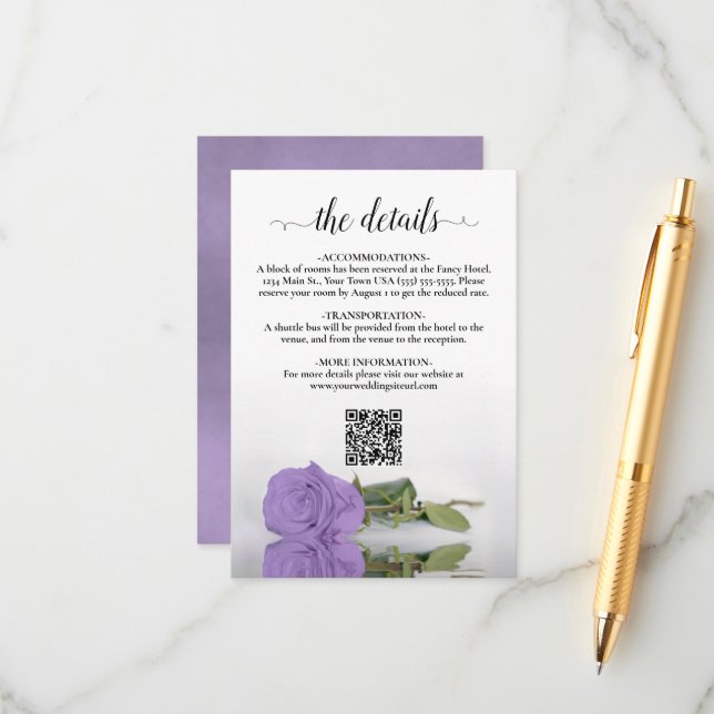 Lavender Purple Rose Wedding Details QR Code Enclosure Card (Front/Back In Situ)
