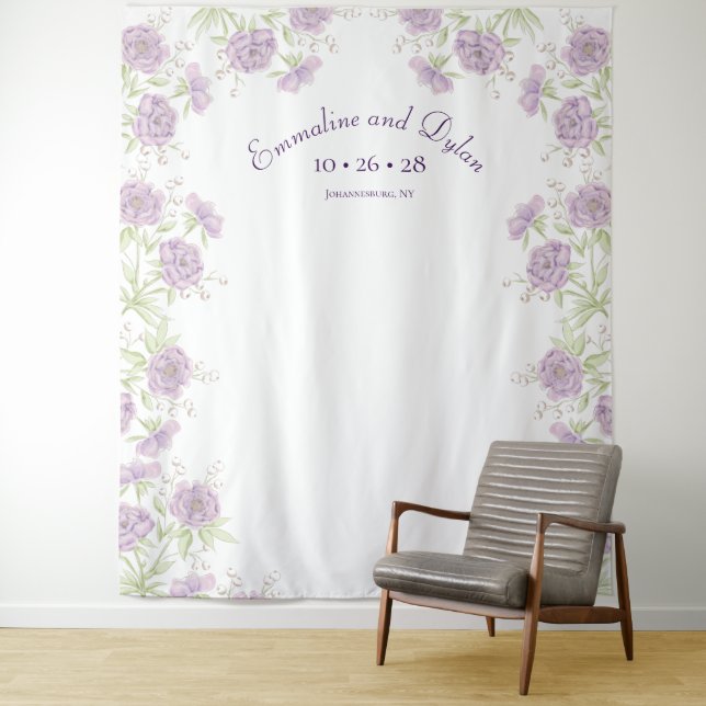 Lavender Purple Rose Wedding Photo Backdrop Tapestry (In Situ)