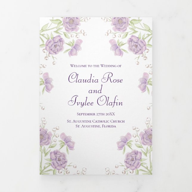 Lavender Purple Rose Wedding Programs Tri-Fold Programme (Cover)