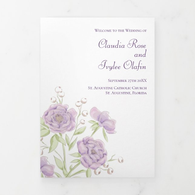 Lavender Purple Rose Wedding Programs Tri-Fold Programme (Cover)