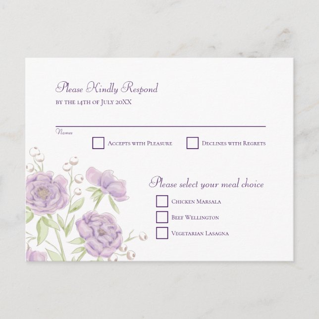 Lavender Purple Rose Wedding RSVP Reply Holiday Postcard (Front)