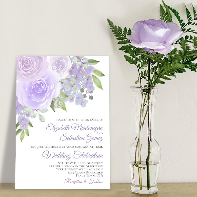 Lavender Purple Roses & Blossoms Elegant Wedding Invitation (Creator Uploaded)