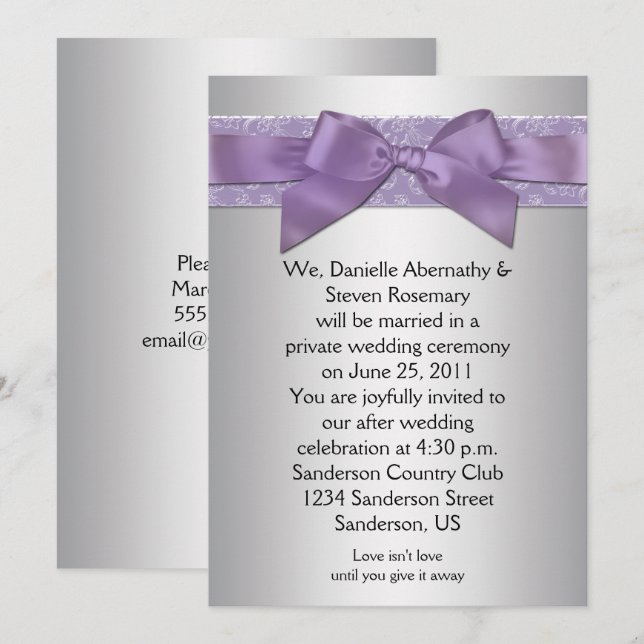 Lavender Purple Silver Brocade Ribbon Post Wedding Invitation (Front/Back)