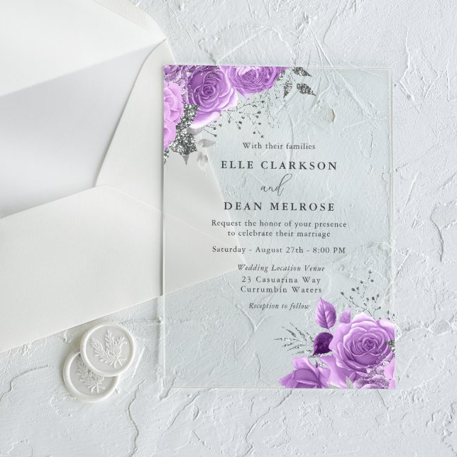 Lavender Purple & Silver Floral Elegant Wedding Acrylic Invitations (Creator Uploaded)