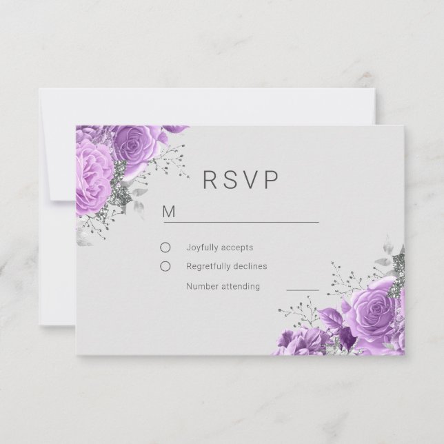 Lavender Purple & Silver Floral Elegant Wedding RSVP Card (Front)