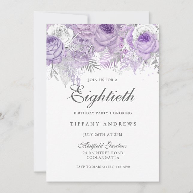 Lavender Purple Silver Flower 80th Birthday Party Invitation (Front)