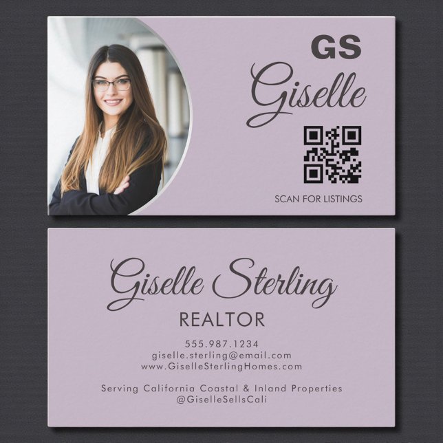 Lavender Purple Silver Monogram Realtor QR Code  Business Card (Creator Uploaded)
