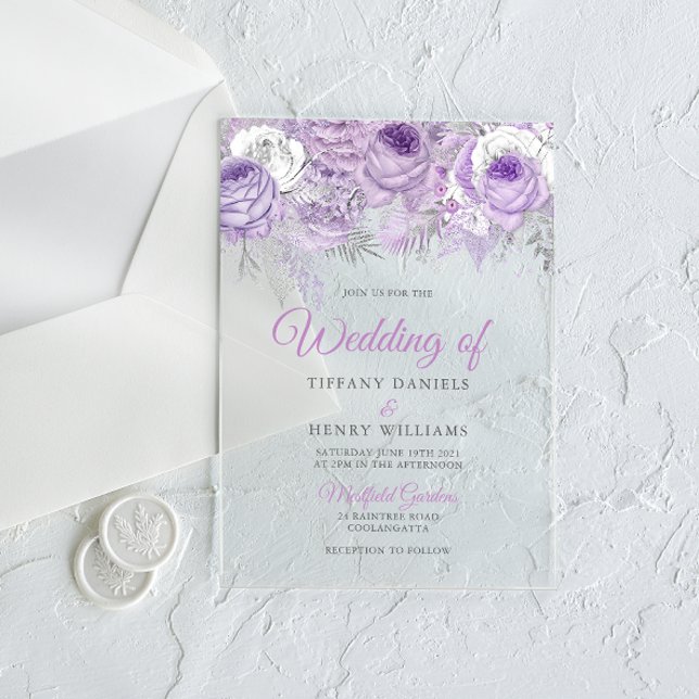 Lavender Purple Sparkle Floral Wedding Invite Acrylic Invitations (Creator Uploaded)