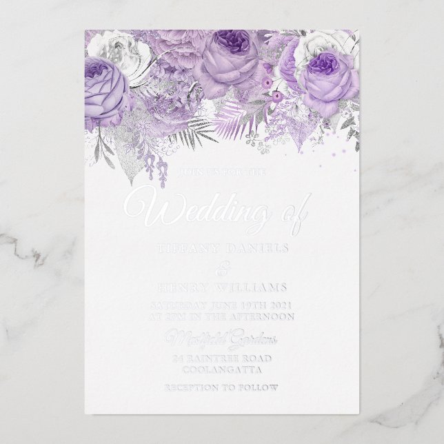 Lavender Purple Sparkle Floral Wedding Silver (Front)