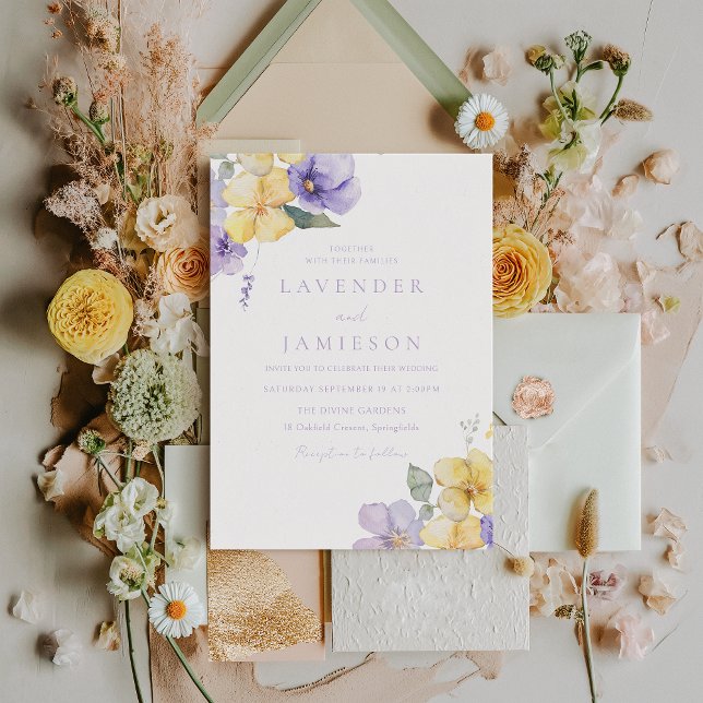 Lavender Purple & Sunshine Yellow Flowers Wedding Invitation (Creator Uploaded)