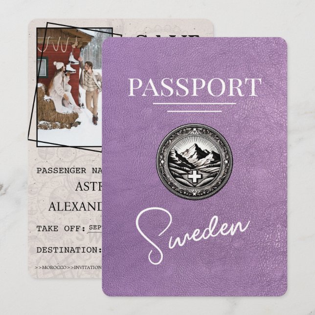 Lavender Purple Sweden Passport Save The Date (Front/Back)