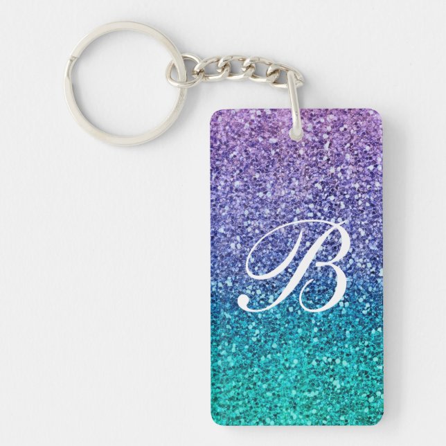 Lavender Purple & Teal Aqua Green Sparkly Glitter Keychain (Front)