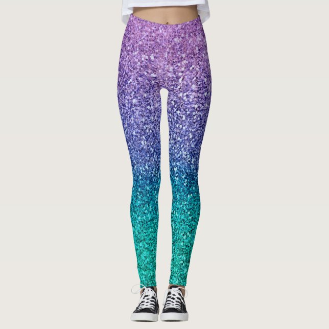 Lavender Purple & Teal Aqua Green Sparkly Glitter Leggings (Front)