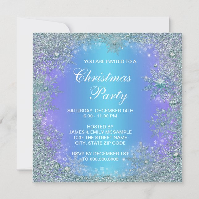 Lavender Purple Teal Blue Snowflake Christmas Invitation (Front)