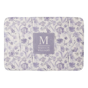 Lavender Purple Watercolor Floral Flowers Pattern Bath Mat