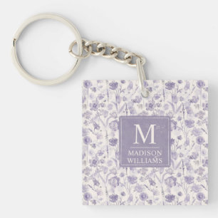 Lavender Purple Watercolor Floral Flowers Pattern Keychain
