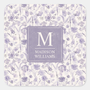 Lavender Purple Watercolor Floral Flowers Pattern Square Sticker